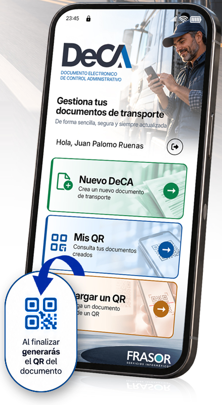 Pantalla principal de DeCA en un móvil, con el aviso de generación del QR